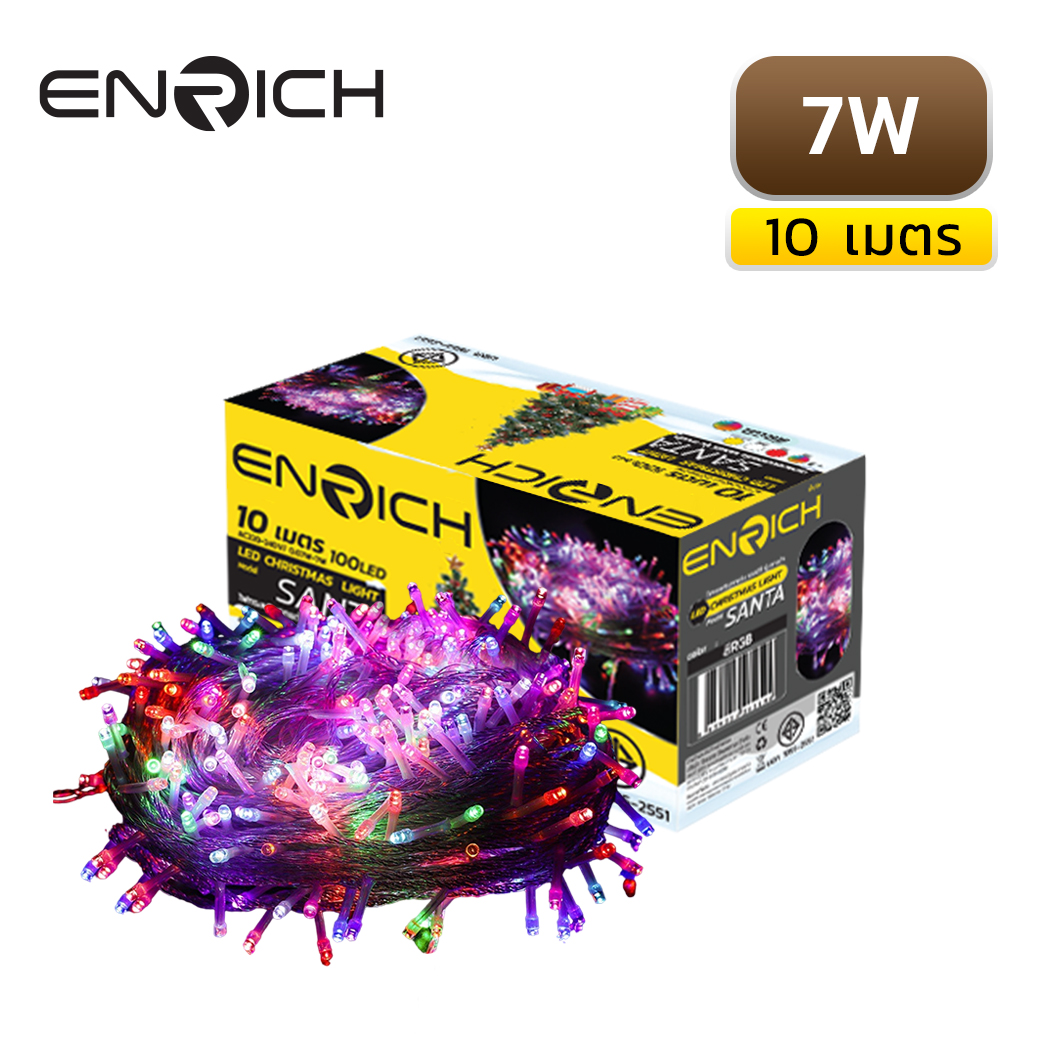 ไฟกระพริบ LED 10 เมตร ENRICH SANTA 7W RGB ไฟกระพริบ LED 10 เมตร RICH SANTA 7W RGB แรงดันไฟฟ้า 220-240V มีหลอดไฟ LED 100 ดวง มาพร้อมกับคอนโทรลในตัว ปรับโหมดกระพริบได้ 8 จังหวะ หัวปลั๊กเป็นแบบ EU Plug เหมาะสำหรับติดตั้งประดับตกแต่งในงานเลี้ยง งานสังสรร งานวันเกิด ขึ้นบ้านใหม่ เฉลิมฉลองต่างๆ หรือในช่วงเทศกาล เช่น ปีใหม่ คริสต์มาส เป็นต้น แสง RGB แรงดันไฟฟ้า 220-240V ความยาว 10 เมตร หลอดไฟ LED 100 ดวง โหมดกระพริบได้ 8 จังหวะ หัวปลั๊กเป็นแบบ EU Plug