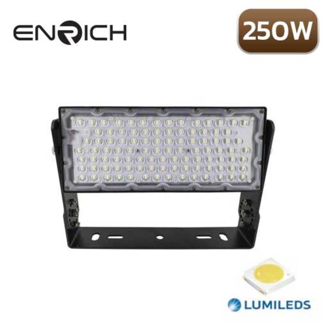 สปอร์ตไลท์ LED ENRICH Highmast XP 250W สปอร์ตไลท์ LED ENRICH Highmast XP 250W แสงขาว Daylight 6000-6500K มีดวงไฟทั้งหมด 98 ดวง ภายในแต่ละดวงมี Lumileds Chip ซึ่งเป็นชิป LED คุณภาพสูงเกรดเดียวกับที่ PHILIPS เลือกใช้ติดตั้งอยู่ 4 เม็ด สามารถส่องสว่างกระจายเต็มพื้นที่ มุมกระจายแสง 90°x120° ผลิตจากอลูมิเนียมคุณภาพสูง ทำให้ตัวโคมมีความแข็งแรง ทนต่อการกระแทกได้ดี ตัวโคมไฟสปอร์ตไลท์มีแผงครีบระบายความร้อน กันน้ำกันฝุ่นได้ระดับ IP65 เหมาะสำหรับติดตั้งบริเวณกลางแจ้งเช่น สวนสาธาณะ สนามกีฬาทั้งในร่มและกลางแจ้ง ที่จอดรถ โกดังสินค้า ท่ารถขนส่ง เป็นต้น มีระบบป้องกันไฟกระชาก Surge Protection 4kV อายุการใช้งาน 50,000 ชั่วโมง รับประกัน 3-5ปี และได้รับมาตรฐานมอก. 1955-2551 แสงขาว Daylight 6000-6500K ความสว่าง 32500-35000lm ประสิทธิภาพการส่องแสง 130-140lm/W ใช้ Lumileds Chip ชิป LED คุณภาพสูง ความถูกต้องของสี CRI>80 Beam Angle 90°x120° Power Factor 0.95 Surge Protection 4kV อุณหภูมิในการทำงาน -20°c ถึง 45°c อายุการใช้งาน 50,000 ชั่วโมง รับประกัน 3-5 ปี มาตรฐานมอก. 1955-2551